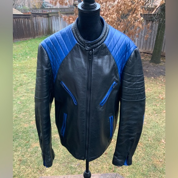 Vintage P LEATHER MONTREAL Moto MEN’S Leather Jacket Black & Blue Size Medium - Picture 14 of 16